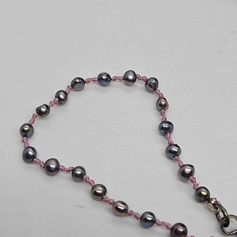 black pearls on pink cord choker with sterling silver clasp